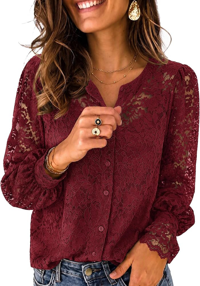 Zeagoo Long Sleeve Shirts for Women Lace Top Button Up Blouse Dressy Casual | Amazon (US)