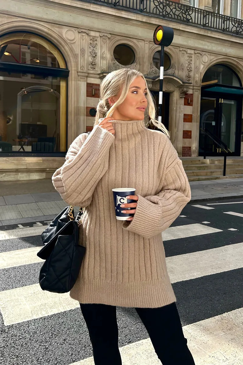 Wide Rib High Neck Longline Knitted Jumper-In The Style | In The Style (UK)