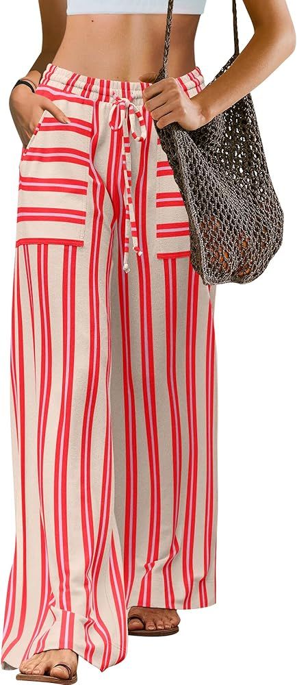 LAMISSCHE Womens Oversized Striped Wide Leg Pants High Waisted Lounge Pants with Pockets Beach Tr... | Amazon (US)