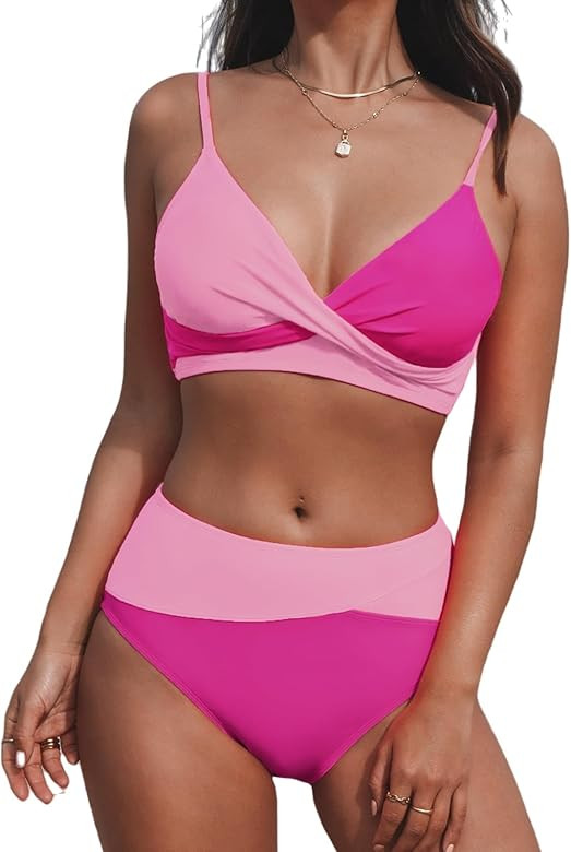 CUPSHE Women's Bikini Sets Two Piece Swimsuit High Waisted V Neck Twist Front Adjustable Spaghett... | Amazon (US)
