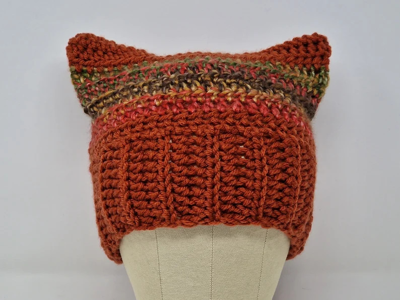 Handmade Crochet Cat Hat, Cat Ear Beanie, Cat Ear Hat in Autumn Bonanza and Copper - Etsy UK | Etsy (UK)