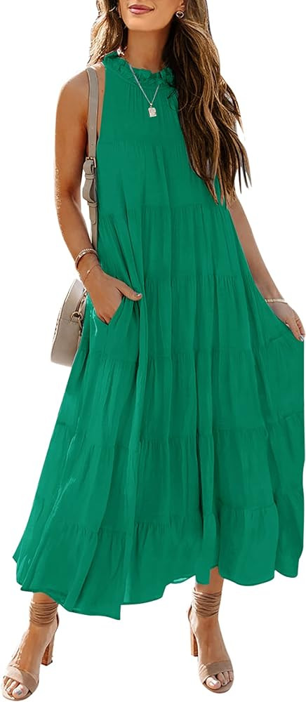 HAEOF Womens 2024 Summer Sleeveless Halter Maxi Dress Pleated Tiered Swing Beach Long Dresses Sun... | Amazon (US)