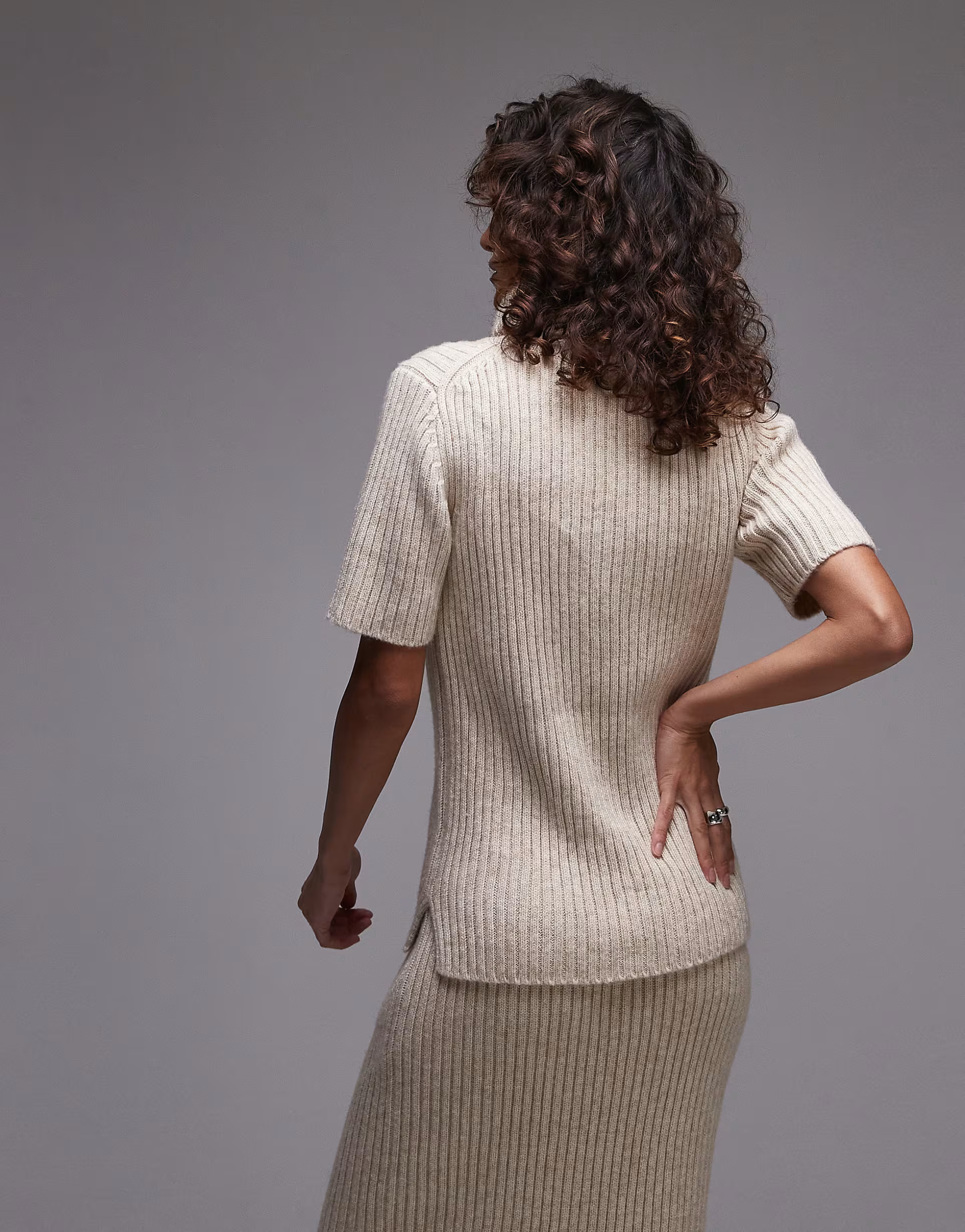 ARKET premium co-ord wool and cotton blend soft knitted rib short sleeve sweater with roll neck i... | ASOS (Global)