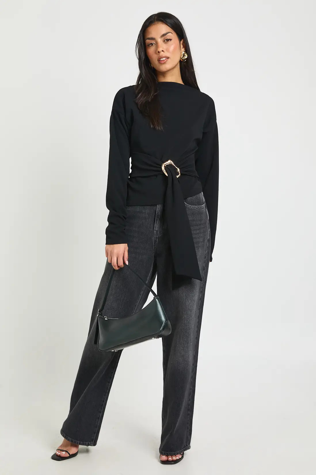 Black Crepe Grown On Neck Gold Trim Belt Detail Long Sleeve Top | Boohoo USA | boohoo (US & Canada)