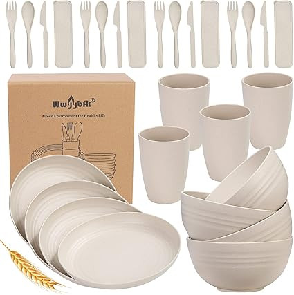 Wheat Straw Dinnerware Sets, 28PCS Unbreakable, Microwave and Dishwasher Safe Tableware Set, Ligh... | Amazon (US)