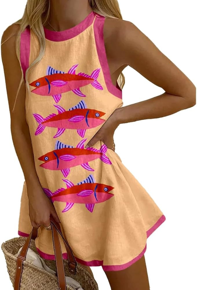 Women Lobster Dress Fish Print Summer Crewneck A Line Tank Mini Dress Cute Graphic Sundress for B... | Amazon (US)