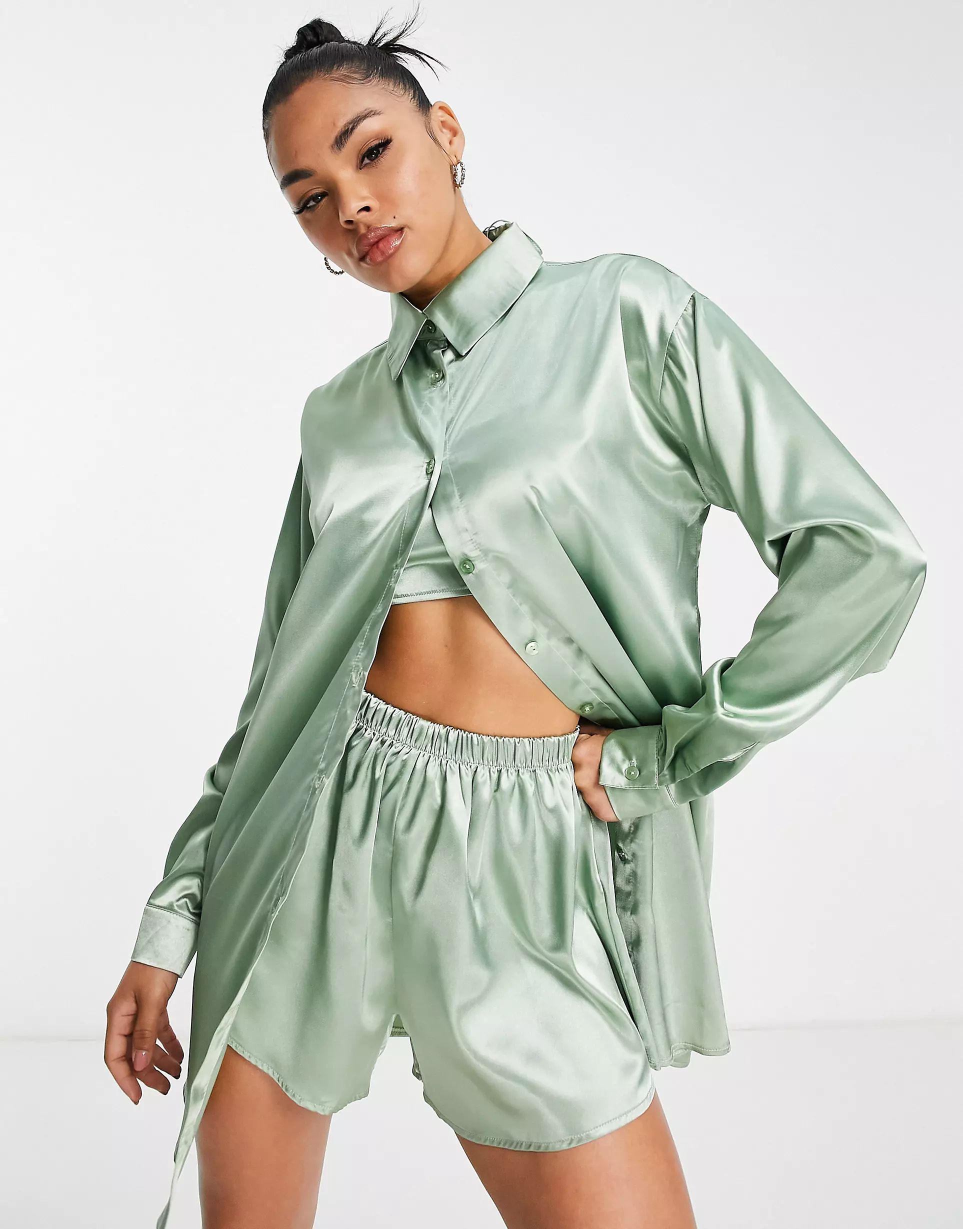 ASYOU mix and match oversized satin shirt in sage green - part of a set | ASOS (Global)