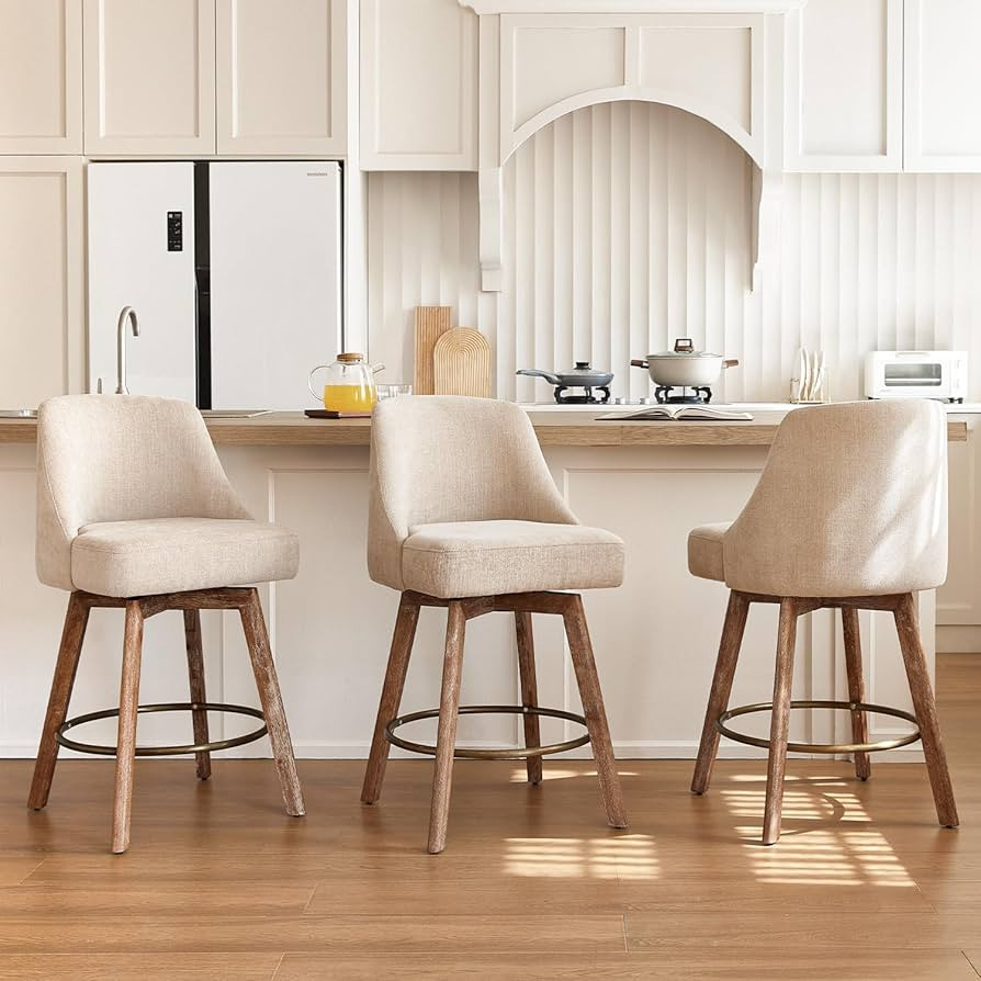 Counter Height Bar Stools,Sand-Colored Linen Comfort Fabric Bar Stool Set of 3\uff0c360\u00b0 Swi... | Amazon (US)