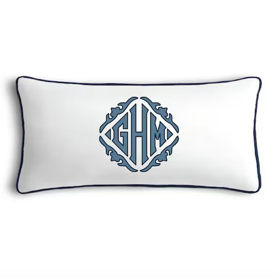 Monogrammed Lumbar Sham, White + Navy Pipe | Etsy (US)