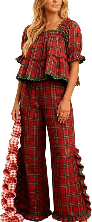 Bocymolay Women Christmas Red Plaid Pajamas Set Gingham Short Sleeve Babydoll Shirt Ruffle Pants ... | Amazon (US)