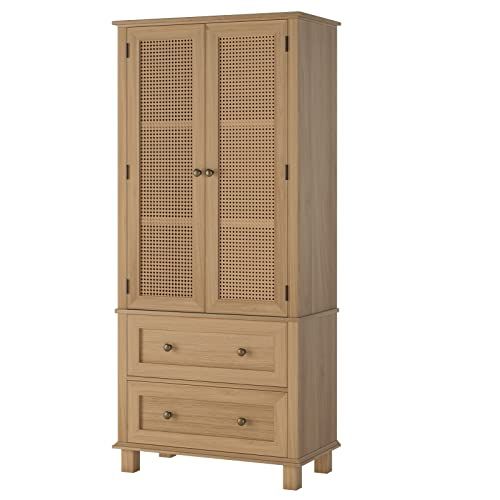 FOTOSOK Kitchen Pantry Storage Cabinet, Tall Cabinet with Rattan Doors and 2 Drawers, Freestandin... | Amazon (US)