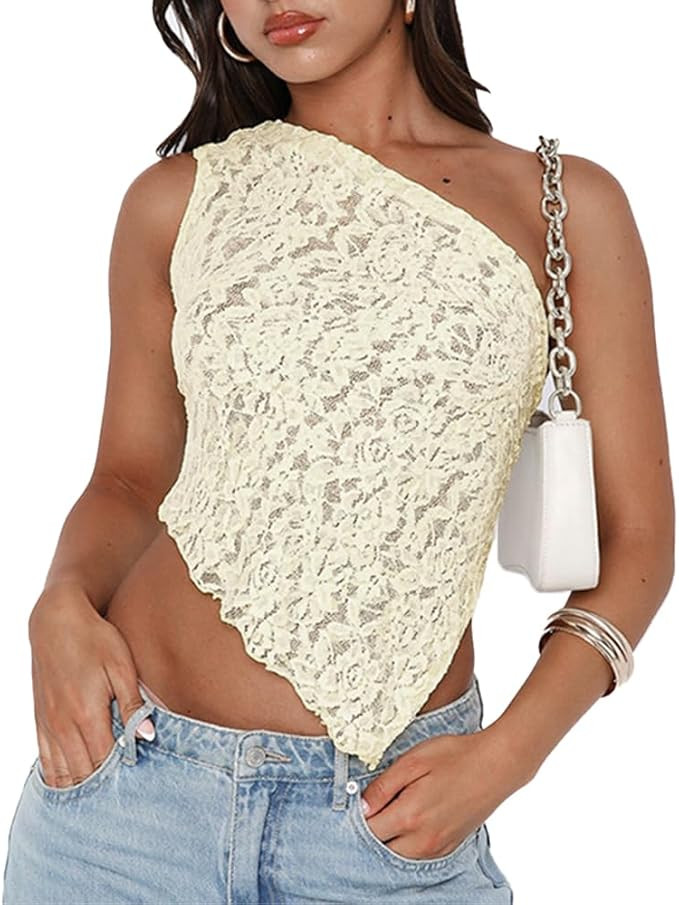 Women One Shoulder Lace Top Irregular Hem Backless Crop Tops See Through Sheer Tank Tops Going Ou... | Amazon (US)