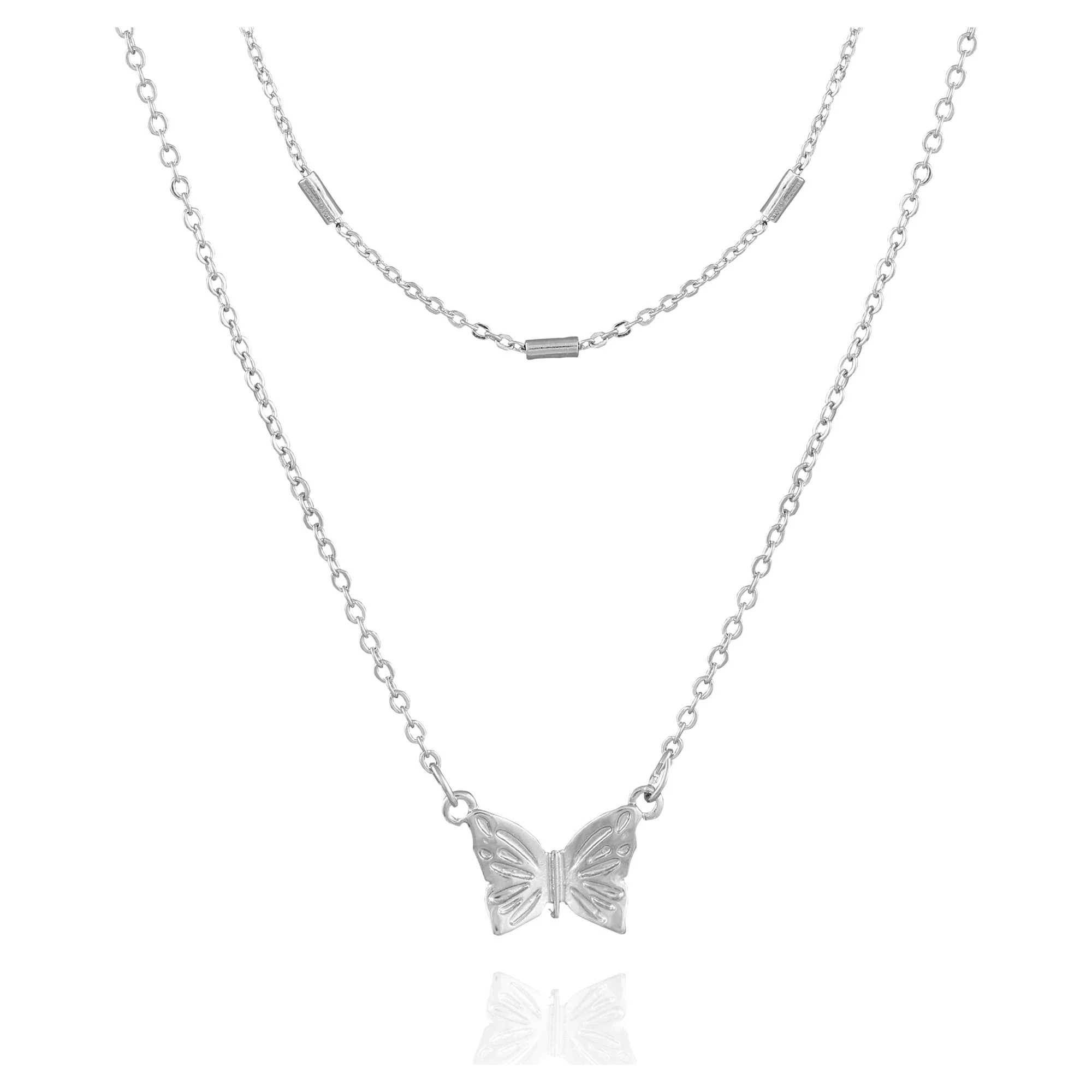 Time and Tru Women's 16" Adjustable Fashion Basic Dainty Layered Metal Butterfly Necklace in Silv... | Walmart (US)