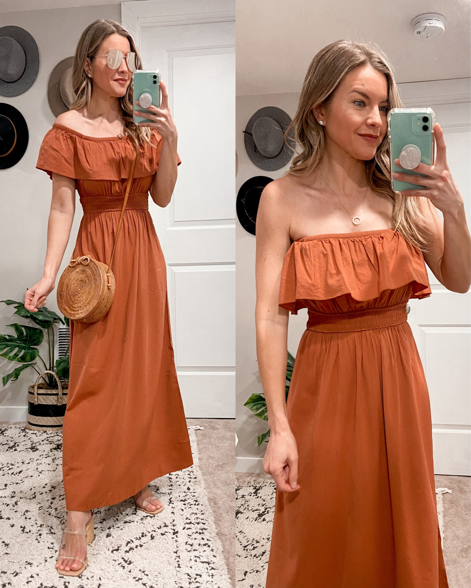 Pretty burnt orange/coral off-shoulder or strappless maxi dress
Old Navy 40% off sale

#LTKSeasonal #LTKsalealert #LTKunder50