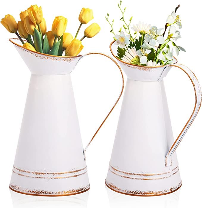 Elsjoy Set of 2 Metal Pitcher Vase Galvanized Flower Vases, Shabby Chic Farmhouse Vase with Gold ... | Amazon (US)
