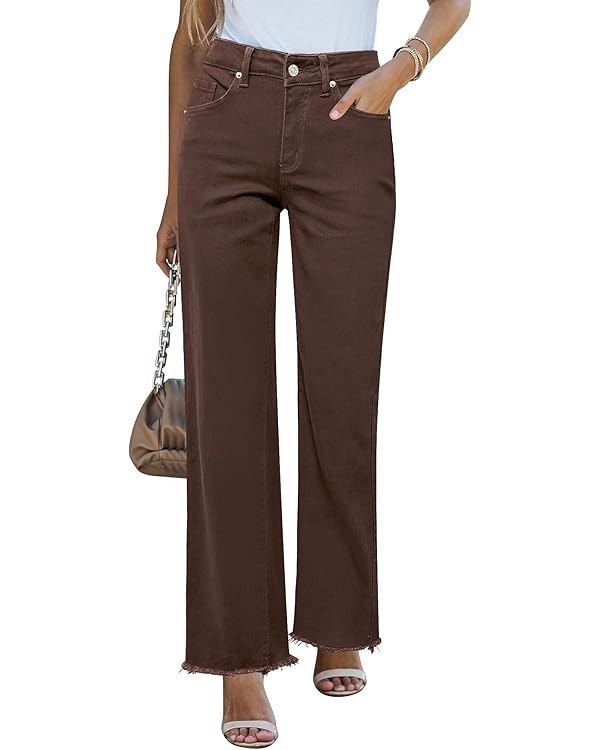 GRAPENT Straight Leg Jeans for Women High Waisted Stretchy Frayed Raw Hem Loose Denim Pants Casua... | Amazon (US)