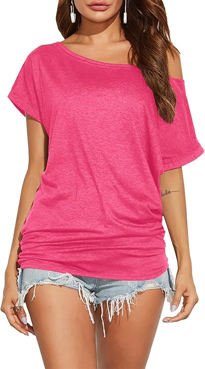 Poetsky Women's Summer Off Shoulder Shirts Casual Loose Short Sleeve Tunics Tops | Amazon (US)
