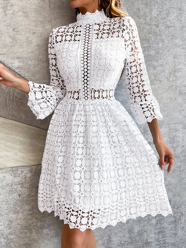 Eilly Bazar Mesh Insert Mock Neck Flounce Sleeve Lace Dress | SHEIN