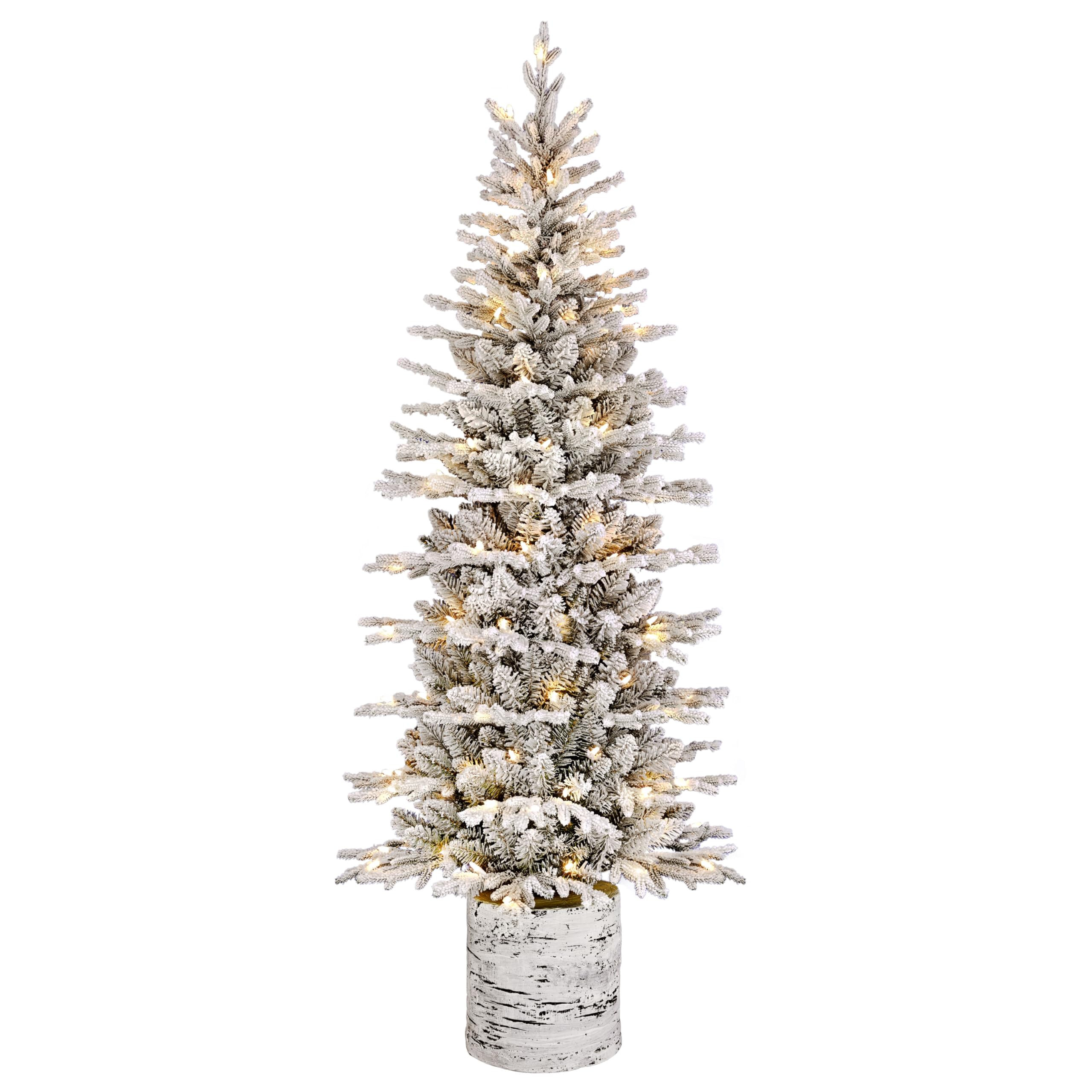 Puleo International 7.5ft Pre-Lit Potted Flocked Arctic Fir Pencil Christmas Tree with 230 Warm W... | Amazon (US)
