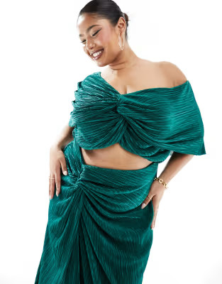 ASOS DESIGN Curve two in one fallen shoulder plisse maxi dress in bottle green | ASOS | ASOS (Global)