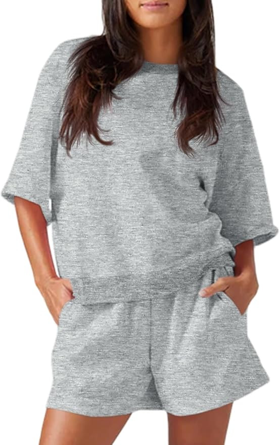 Fisoew Womens 2 Piece Outfits Casual Oversized Cropped Sweatshirt and High Waist Running Shorts T... | Amazon (US)