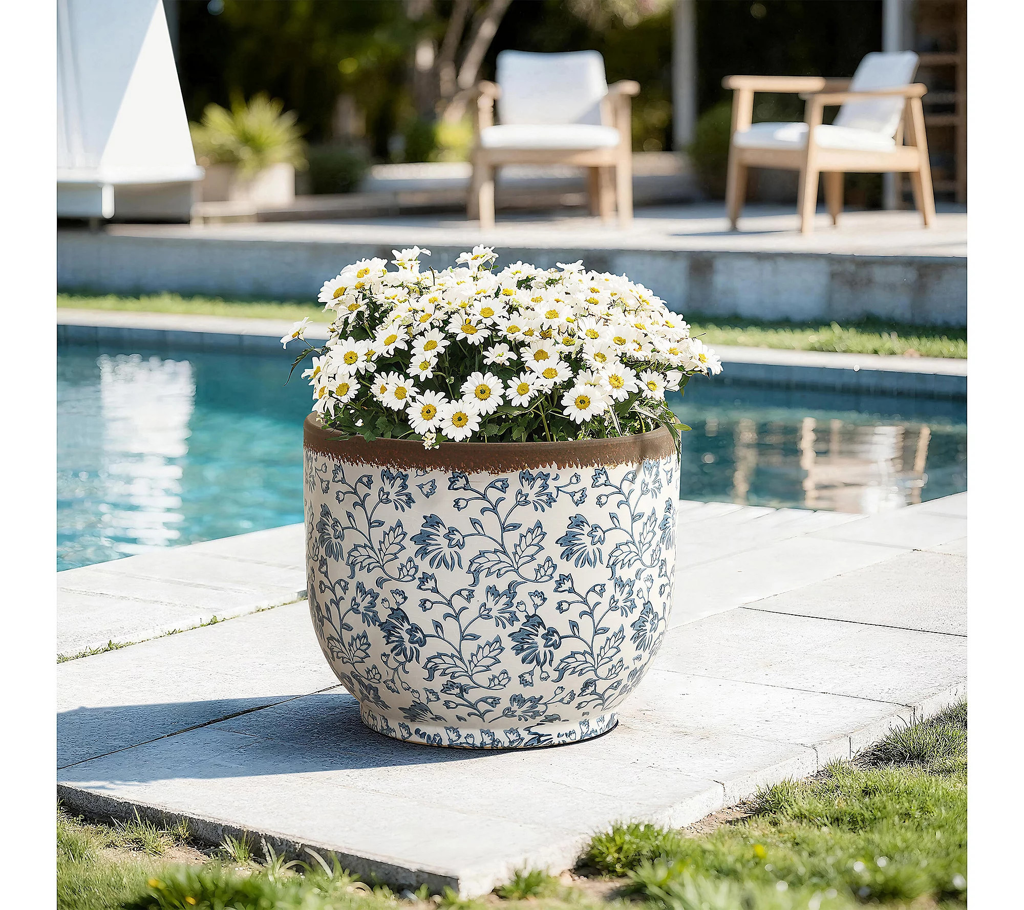 LuxenHome Blue Floral Ceramic Planter, 15.59"" R ound Pot | QVC