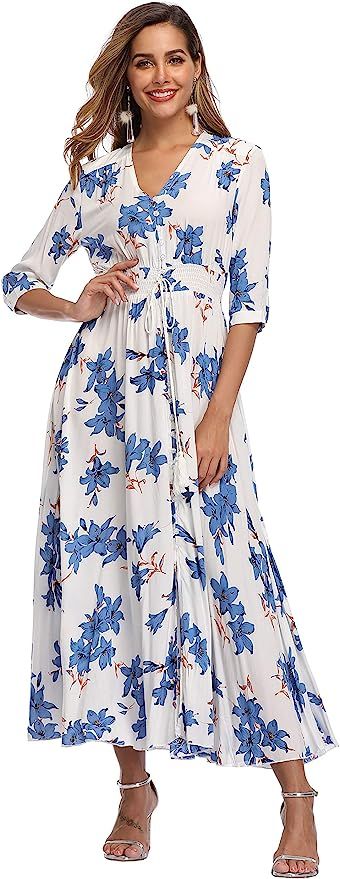 VintageClothing Women's Floral Maxi Dresses with Sleeves Flowy Boho Beach Dress | Amazon (US)