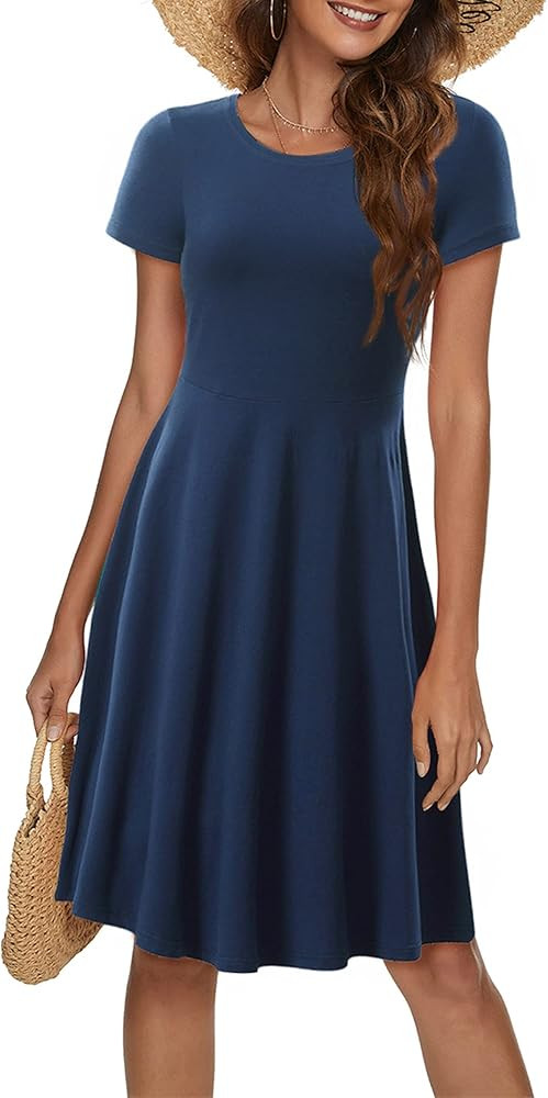 HUHOT Spring/Summer Casual Women Short Sleeve Round Neck A Line Fit and Flare Midi Skater Dress | Amazon (US)