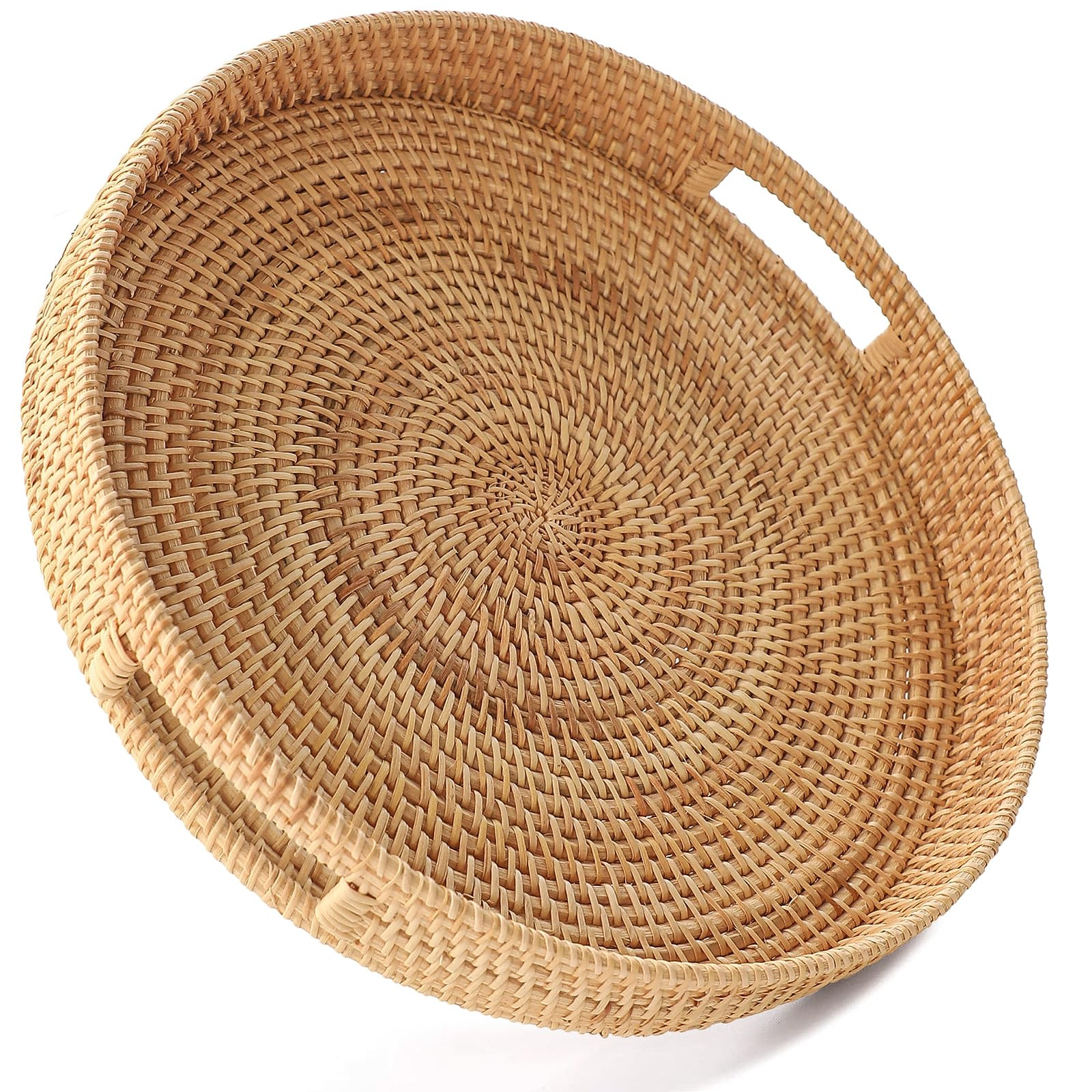 HITOMEN 11.8'' Hand-Woven Round Rattan Serving Tray Decorative Wicker Trays with Handles for Coff... | Amazon (US)