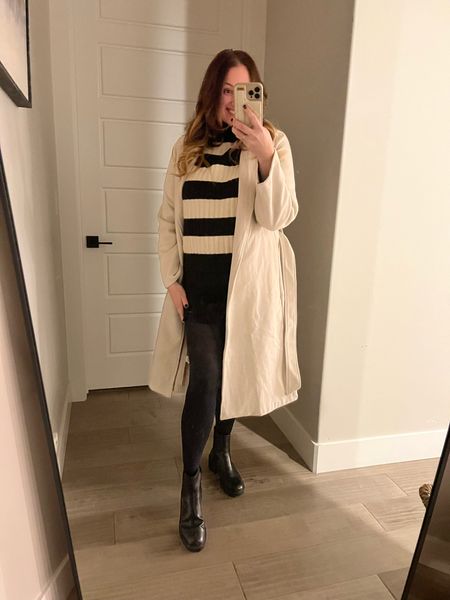 Winter date night outfit: a favorite winter outfit: suede skirt, black tights, Chelsea boots, oversized sweater and long neutral coat! 

#LTKmidsize #LTKover40 #LTKstyletip