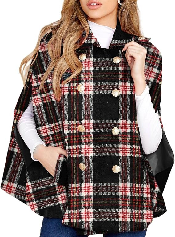 Womens Plaid Jacket Double Breasted Winter Cape Coats Turn Down Poncho with Pockets | Amazon (US)