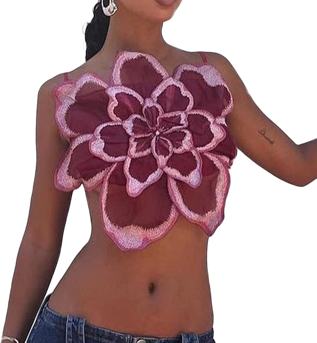 MAINESAKA Women 3D Flower Spaghetti Strap Crop Cami Summer Sleeveless Backless Camisoles Y2k Goin... | Amazon (US)