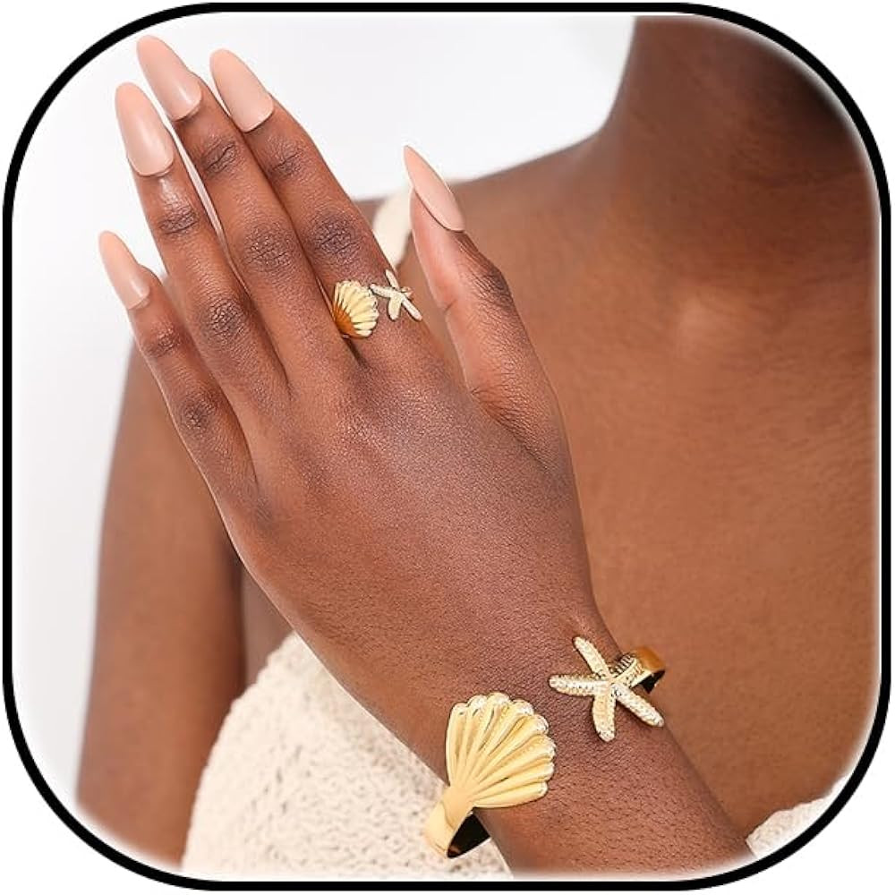 Starfish Seashell Ring Arm Cuff 18k Gold Plated Starfish Shell Arm Bangle Adjustable Open Armlets... | Amazon (US)