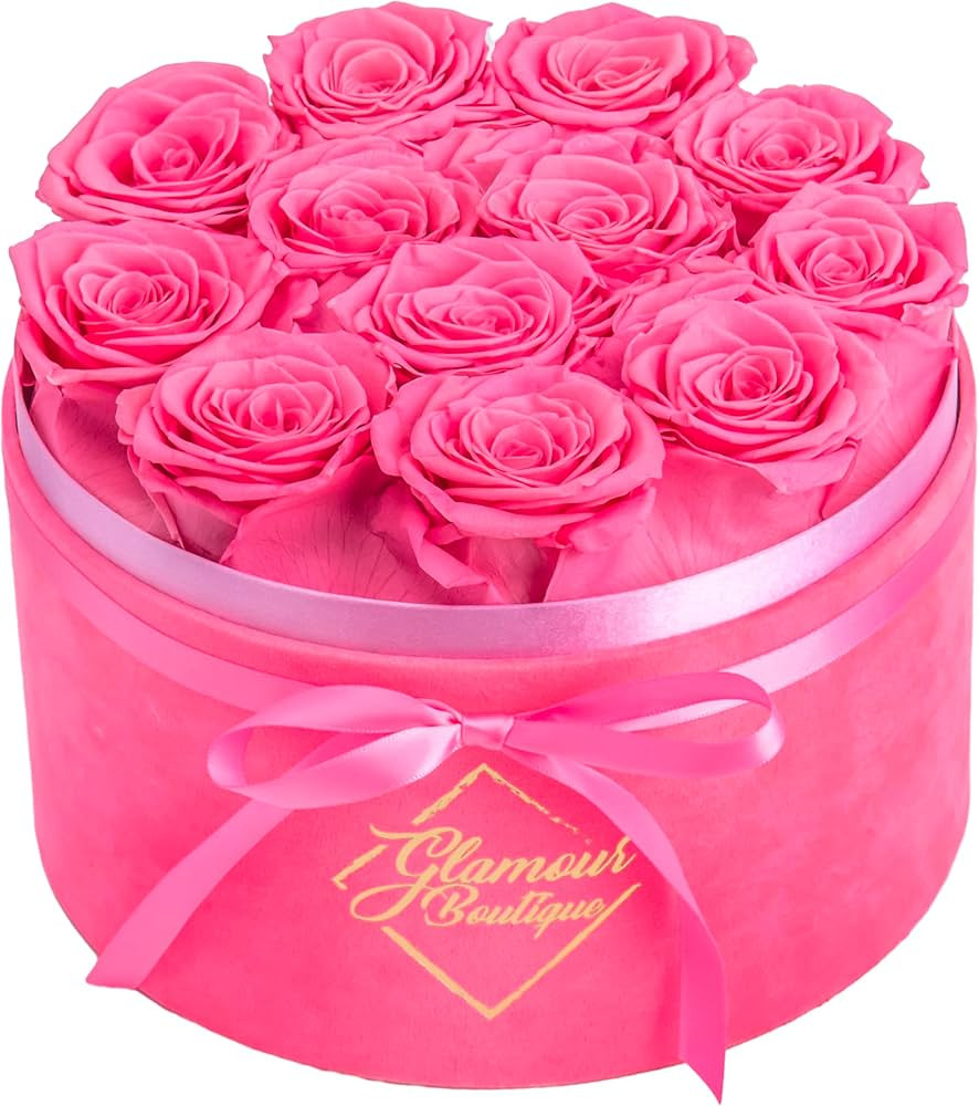 Amazon.com: GLAMOUR BOUTIQUE Forever Flower Gift Box: 12 Real Preserved Roses in Round Velvet Whi... | Amazon (US)