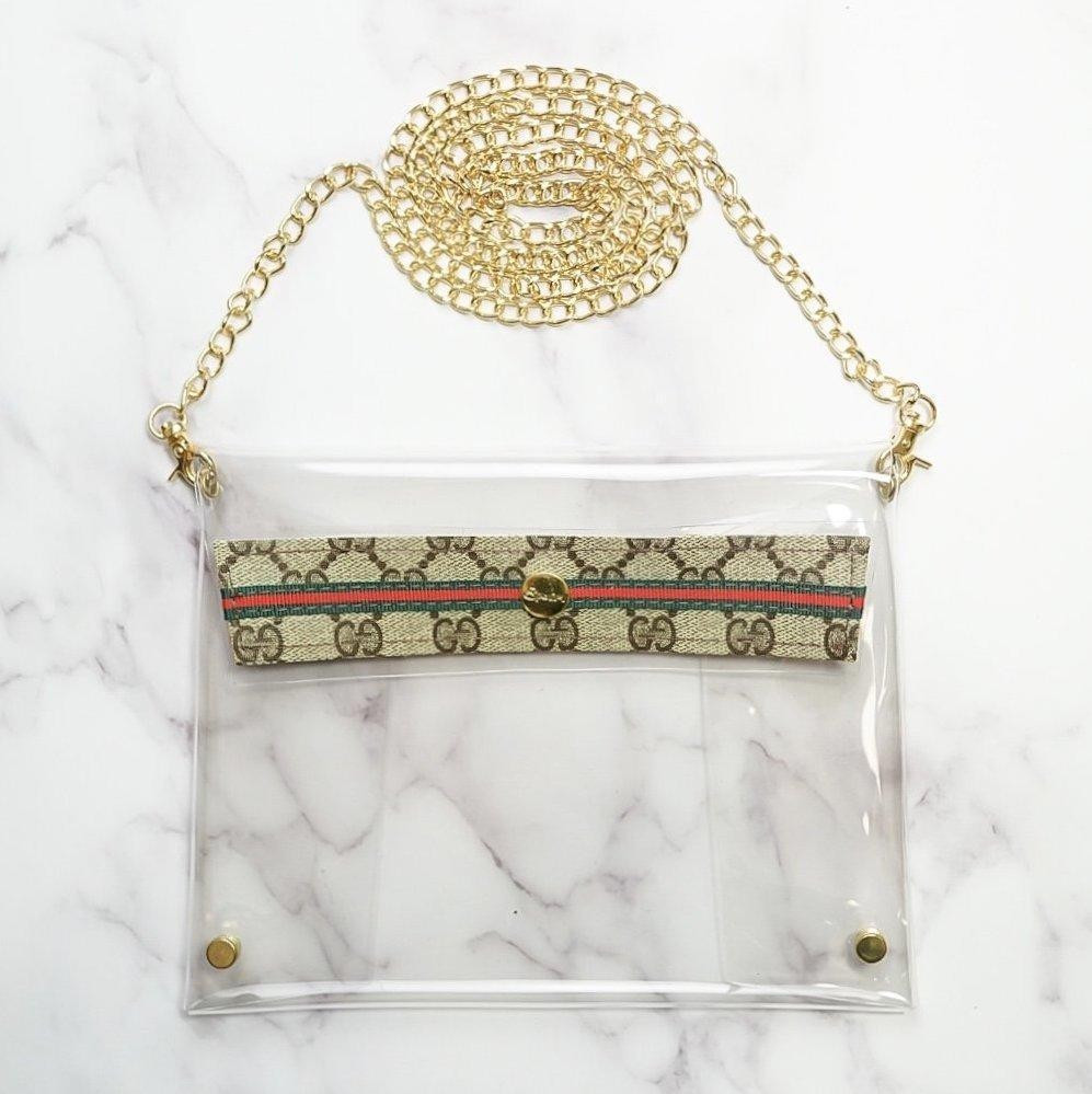 Large Clear Cross Body Purse in Upcycled Brown Webbed GG with Ribbon Accent | Sparkl