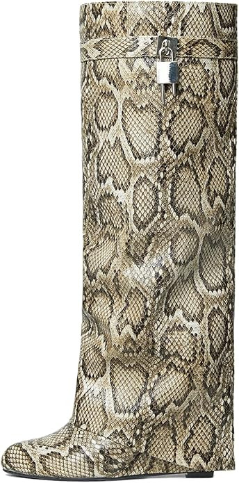 Arqa Fold Over Knee High Boots for Women Covered Wedge Heel Shark Boots Pull-on Wide Calf Boots F... | Amazon (US)