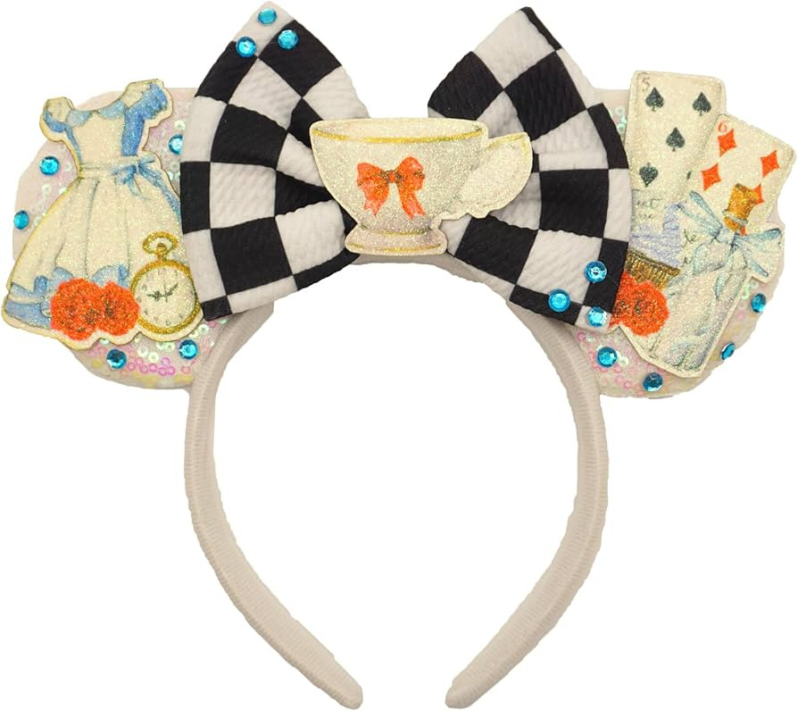 ZHENNAN Mouse Ears Headbands for Women, Glitter Alice Skirt Bows Ears Headbands, Alice Themed Eve... | Amazon (US)
