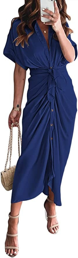 Linsery Women Elegant Satin Button Down Short Sleeve Maxi Shirt Dress with Belt | Amazon (US)