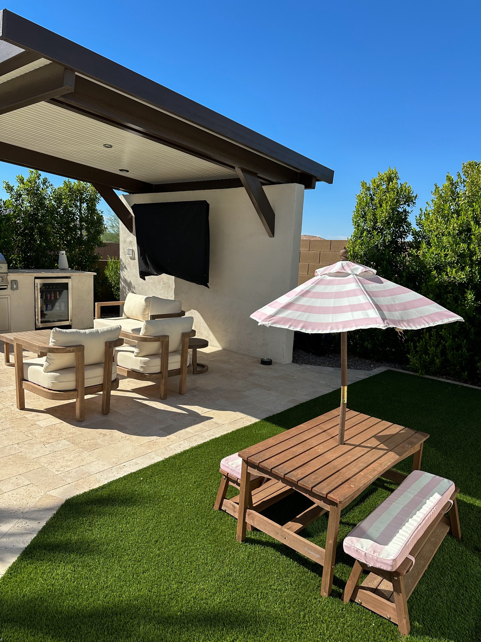 We love tiegan’s table for our outdoor area! 🤍 perfect when we all want to eat outside!!! The patio set by the tv is also @wayfair but sold out so I will link a few similar options! 🫶🏽 #Wayfair #WayfairPartner 

#LTKHome