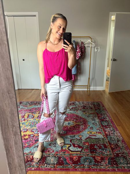 Target outfit idea for summer / these white jeans are on sale right now and they are the best! Linked this link tank top, pink purse, wicker shoes, and gold jewelry 

#LTKunder50 #LTKsalealert #LTKshoecrush
