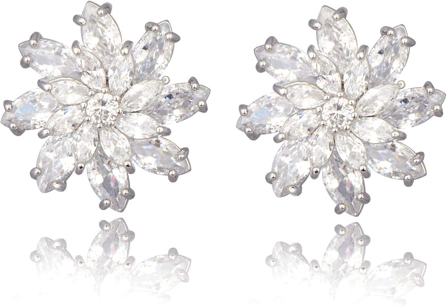 Cubic Zirconia Flower Stud Earrings - Large Sparkly CZ Crystal Rhinestone Snowflake Studs Daisy Flor | Amazon (US)