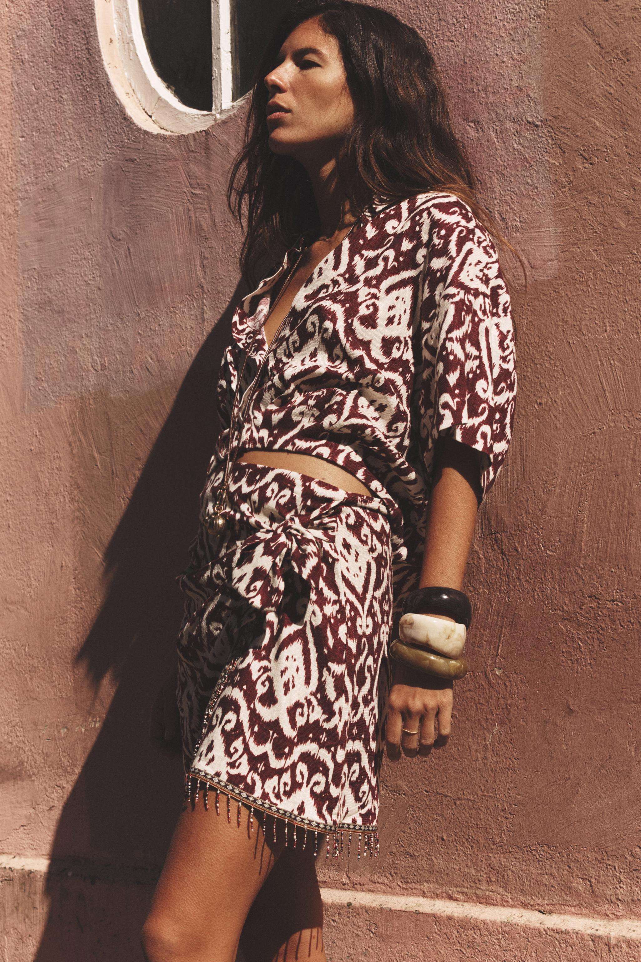 FRINGED BEADED PRINT SKIRT | Zara US