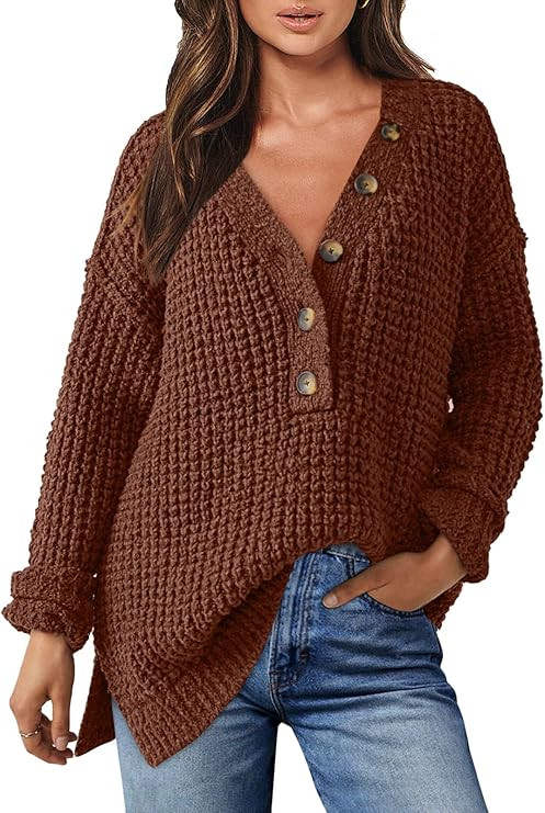 ANRABESS Womens Oversized Sweater Long Sleeve Loose V Neck Button Jumper Casual Waffle Side Slit ... | Amazon (US)