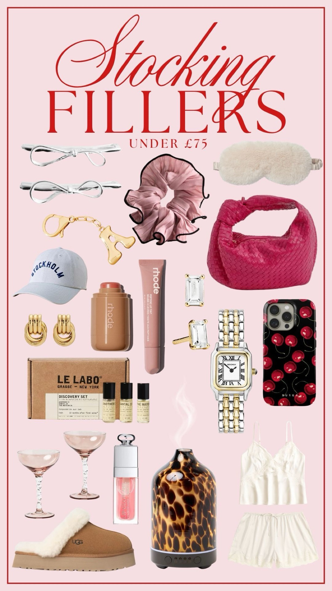 Stocking fillers for her this Christmas, all under £75 🍒🫶

COS bow hair clips
New Look ruffle scrunchie
The White Company faux fur sleep mask
Boohoo woven bag
Rhode lip and blush
Sekonda tank panthere dupe
Burga cherry phone case
Oliver Bonas cocktail glasses
Tortoiseshell diffuser
Abercrombie and Fitch silk pyjamas
Ugh slippers
Dior lip oil

#LTKuk #LTKgiftguide #LTKwinter