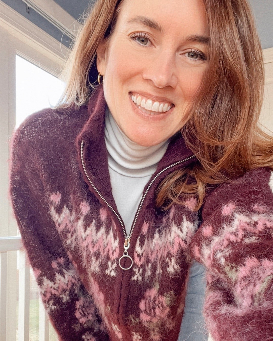 Sweater of the Day: Target Full Zip Mock Turtleneck Cardigan from Wild Fable in Burgundy (Purple/Pink) Floral print #target #wintersweaters #OOTD #over50style #over40style

#LTKOver40 #LTKFindsUnder50 #LTKootd