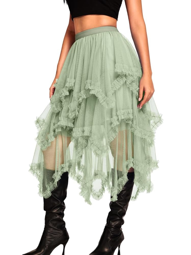 Kaei&Shi Long Tulle Skirt,High Waisted Asymmetrical Ruffle Skirts for Women,Renaissance Fairy Cos... | Amazon (US)