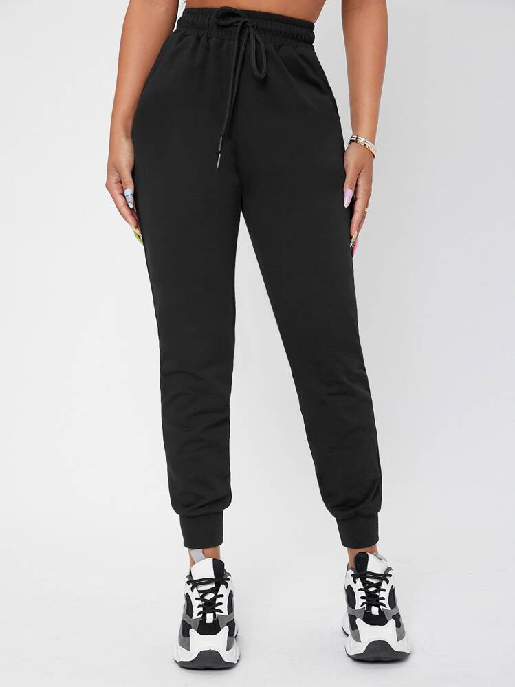 SHEIN PETITE Solid Drawstring Waist Black Sweatpants | SHEIN