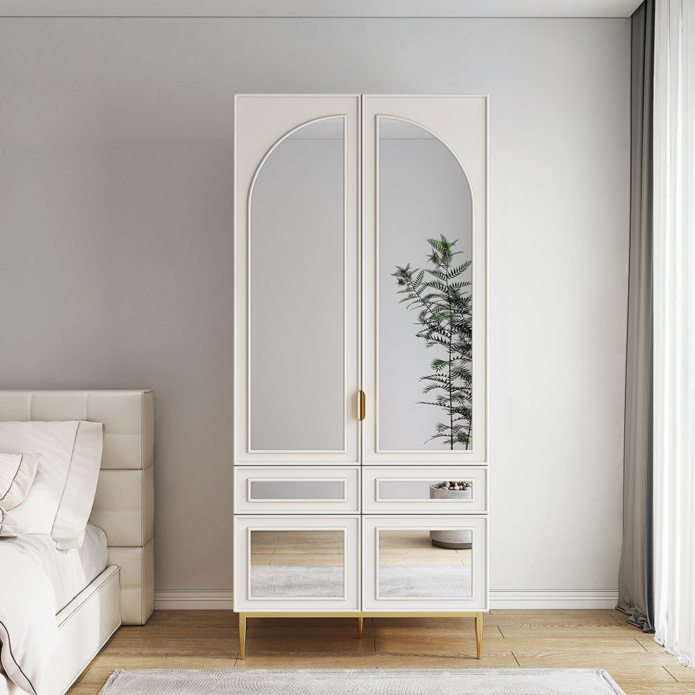 Modern Farmhouse White Armoire Clothes Cabinet with Arched Mirror 2 Drawers & 4 Doors | Homary
