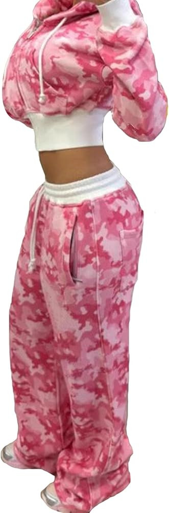 Sweatsuits Women 2 Piece Outfit Crop Camo Zip Up Hoodies Sweatshirt Y2k Camouflage Sweatpants Set... | Amazon (US)
