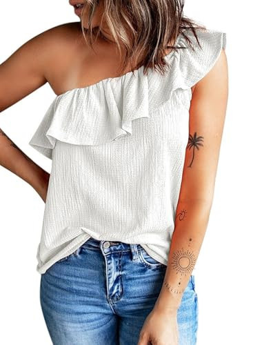 Dokotoo White Off The Shoulder Tops for Women 2026 Fashion Shirred Ruffle One Shoulder Tops Loose Fit Solid Sleeveless Tunic Shirts Ruched Workout Summer Tank Top Small | Amazon (US)